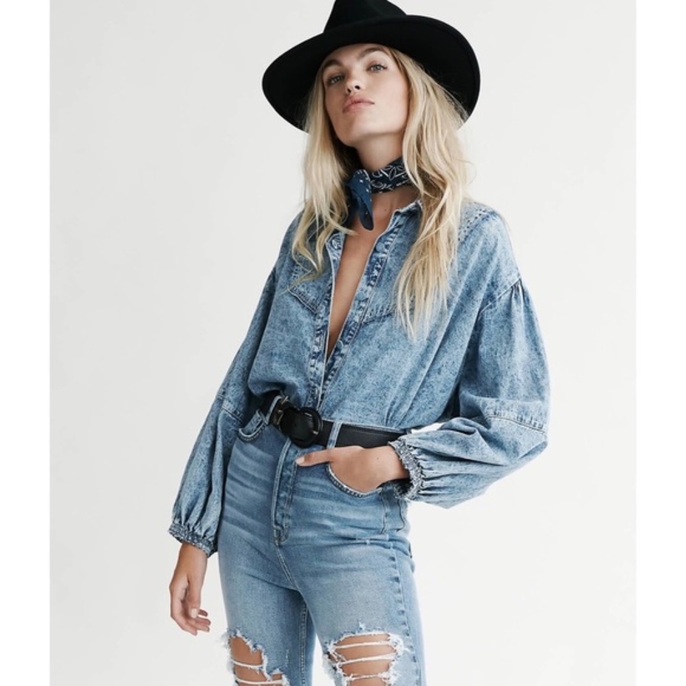 Free People Light Blue Acid Wash Button Down Shirt